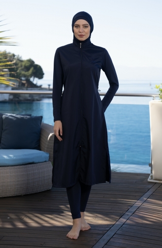 Zippered Fully Covered Hijab Swimsuit 22997-01 Navy Blue 22997-01