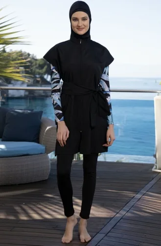Zippered Fully Covered Hijab Swimsuit 24955-01 Black 24955-01