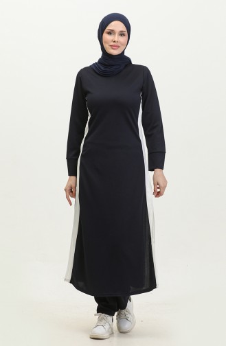 Schlitz-detaillierter Hijab-Anzug 0327-08 Marineblau 0327-08