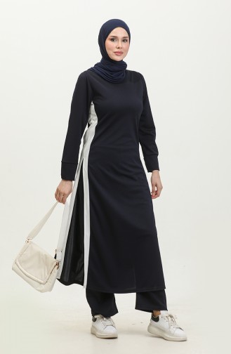 Gedetailleerd Hijabpak Met Split 0327-08 Marineblauw 0327-08