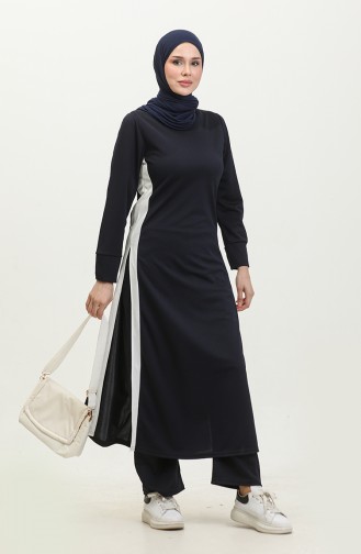 Ensemble Hijab Détail Fendu 0327-08 Bleu Marine 0327-08