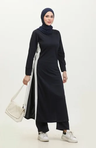 Ensemble Hijab Détail Fendu 0327-08 Bleu Marine 0327-08