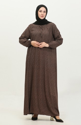 Women`s Plus Size Crispy Pattern Long Mother Daily Dress 8408 4 Brown 8408-4.Kahverengi