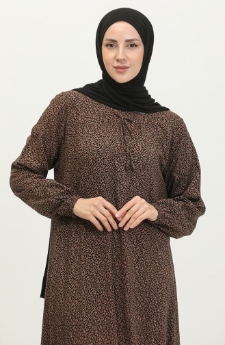 Women`s Plus Size Crispy Pattern Long Mother Daily Dress 8408 4 Brown 8408-4.Kahverengi