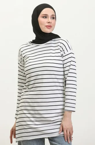 Gestreifte Tunika Aus Gekämmter Baumwolle 8705A-02 Weiß 8705A-02