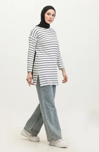 Gestreifte Tunika Aus Gekämmter Baumwolle 8705A-02 Weiß 8705A-02