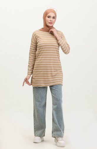 Striped Combed Cotton Tunic 8705-03 Milky Coffee   8705-03