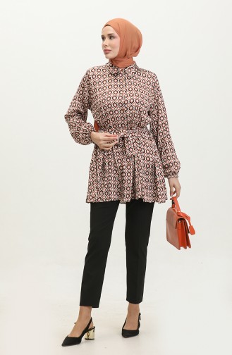 Large Size Patterned Satin Tunic Brown T1696 977