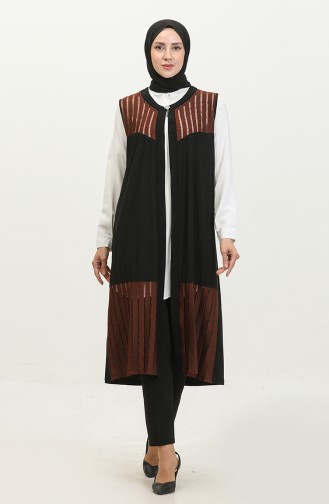 Women`s Large Size Transparent Stone Long Vest 7023 Brown 7023.Kahverengi