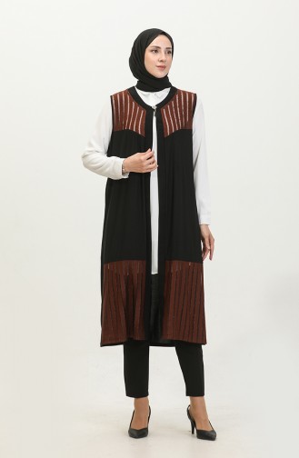 Women`s Large Size Transparent Stone Long Vest 7023 Brown 7023.Kahverengi