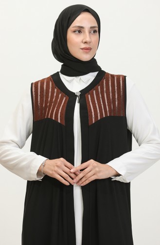 Women`s Large Size Transparent Stone Long Vest 7023 Brown 7023.Kahverengi