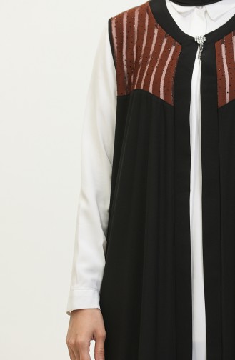 Women`s Large Size Transparent Stone Long Vest 7023 Brown 7023.Kahverengi