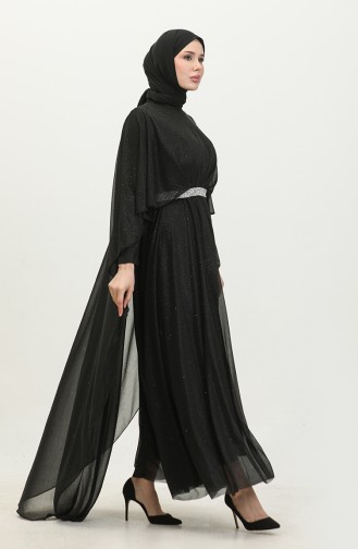 فستان سهرة نسائي مقاس كبير مع كيب وجليتر 8098 أسود 8098.siyah