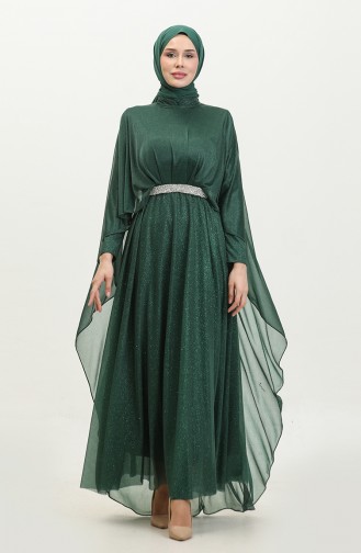 فستان سهرة نسائي مقاس كبير مع كيب وجليتر 8098 أخضر زمردي 8098.ZÜMRÜT YEŞİLİ