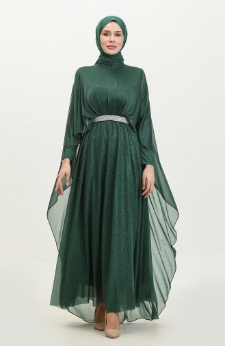 Damen-Abendkleid In Übergröße Mit Umhang Und Glitzer 8098 Smaragdgrün 8098.ZÜMRÜT YEŞİLİ