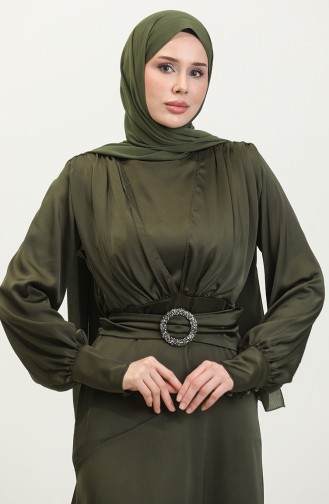 فستان سهرة ساتان للمحجبات 6001-01 أخضر غامق 6001-01