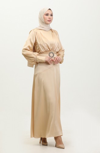 Mehrlagiges Abendkleid Aus Satin 6001-03 Beige 6001-03