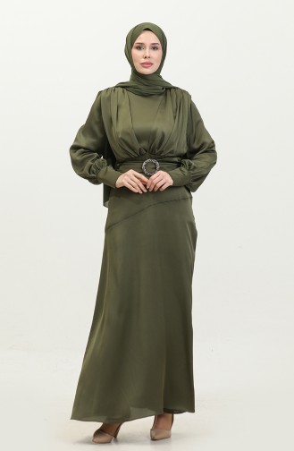 فستان سهرة ساتان للمحجبات 6001-04 أخضر عسكري 6001-04