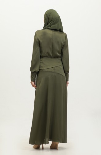 فستان سهرة ساتان للمحجبات 6001-04 أخضر عسكري 6001-04