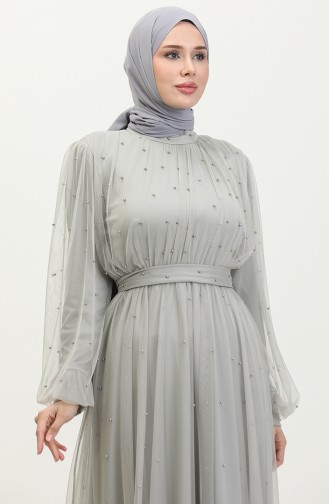 Robe De Soirée Tulle Perlé 6233-01 Gris Clair 6233-01