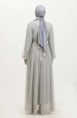 Robe De Soirée Tulle Perlé 6233-01 Gris Clair 6233-01