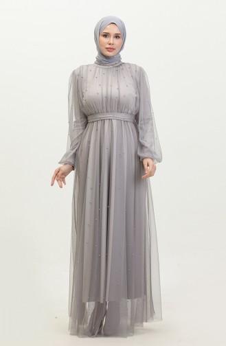 Abendkleid Aus Perlenbesetztem Tüll 6233-02 Grau 6233-02