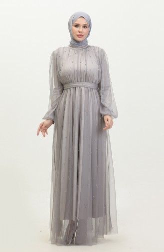 Robe De Soirée Tulle Perlé 6233-02 Gris 6233-02