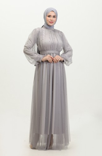 Abendkleid Aus Perlenbesetztem Tüll 6233-02 Grau 6233-02
