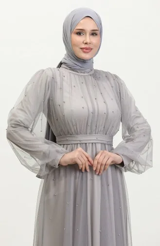 İncili Tül Abiye Elbise 6233-02 Gri