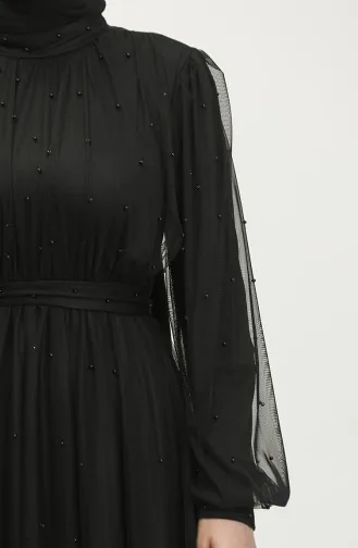 İncili Tül Abiye Elbise 6233-03 Siyah