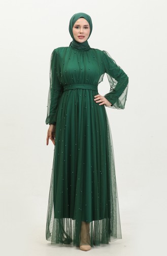Pearl Tulle Evening Dress 6233-08 Emerald Green 6233-08