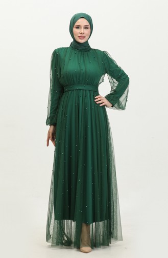 Robe De Soirée Tulle Perlé 6233-08 Vert Emeraude 6233-08