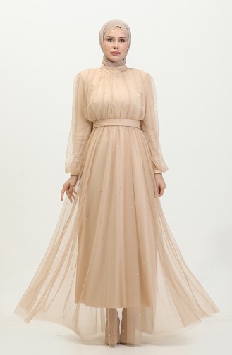 Pearl Tulle Evening Dress 6233-10 Beige 6233-10