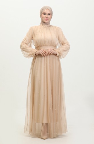 Pearl Tulle Evening Dress 6233-10 Beige 6233-10