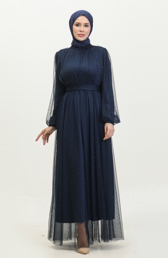 Abendkleid Aus Perlenbesetztem Tüll 6233-11 Marineblau 6233-11