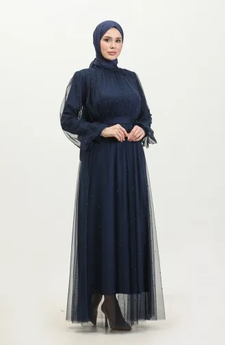 Robe De Soirée Tulle Perlé 6233-11 Bleu Marine 6233-11