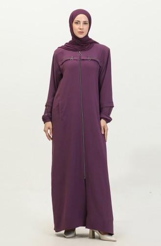 Women`s Large Size Abaya With Sleeves Button Detailed Summer 5040 Plum 5040.Mürdüm