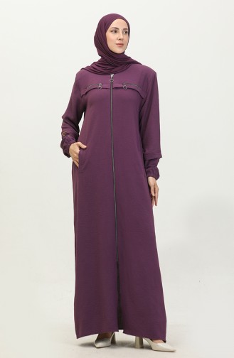 Women`s Large Size Abaya With Sleeves Button Detailed Summer 5040 Plum 5040.Mürdüm