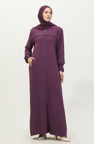 Damen-Abaya In Großer Größe Mit Ärmeln Knopfdetail Sommer 5040 Pflaume 5040.Mürdüm