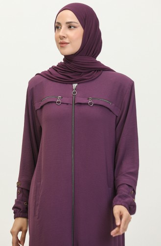 Women`s Large Size Abaya With Sleeves Button Detailed Summer 5040 Plum 5040.Mürdüm