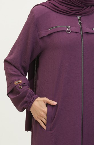 Women`s Large Size Abaya With Sleeves Button Detailed Summer 5040 Plum 5040.Mürdüm