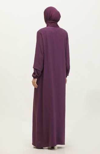 Women`s Large Size Abaya With Sleeves Button Detailed Summer 5040 Plum 5040.Mürdüm