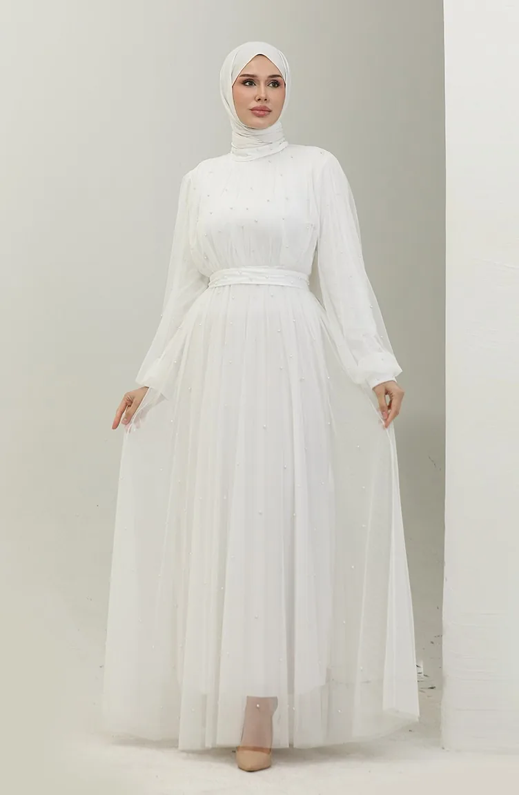 Robe De Soirée Tulle Perlé 6233-12 Blanc 6233-12