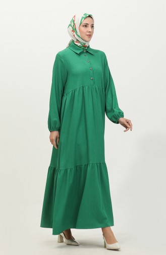 Yarım Düğmeli Büzgülü Elbise 0605-01 Zümrüt Yeşili