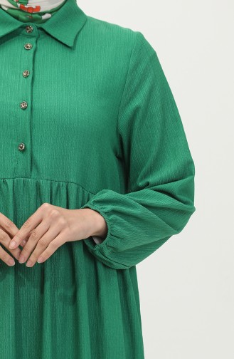 Yarım Düğmeli Büzgülü Elbise 0605-01 Zümrüt Yeşili