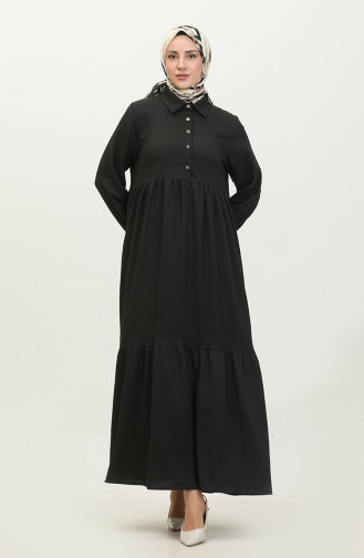Half Buttoned Shirred Dress 0605-02 Black 0605-02