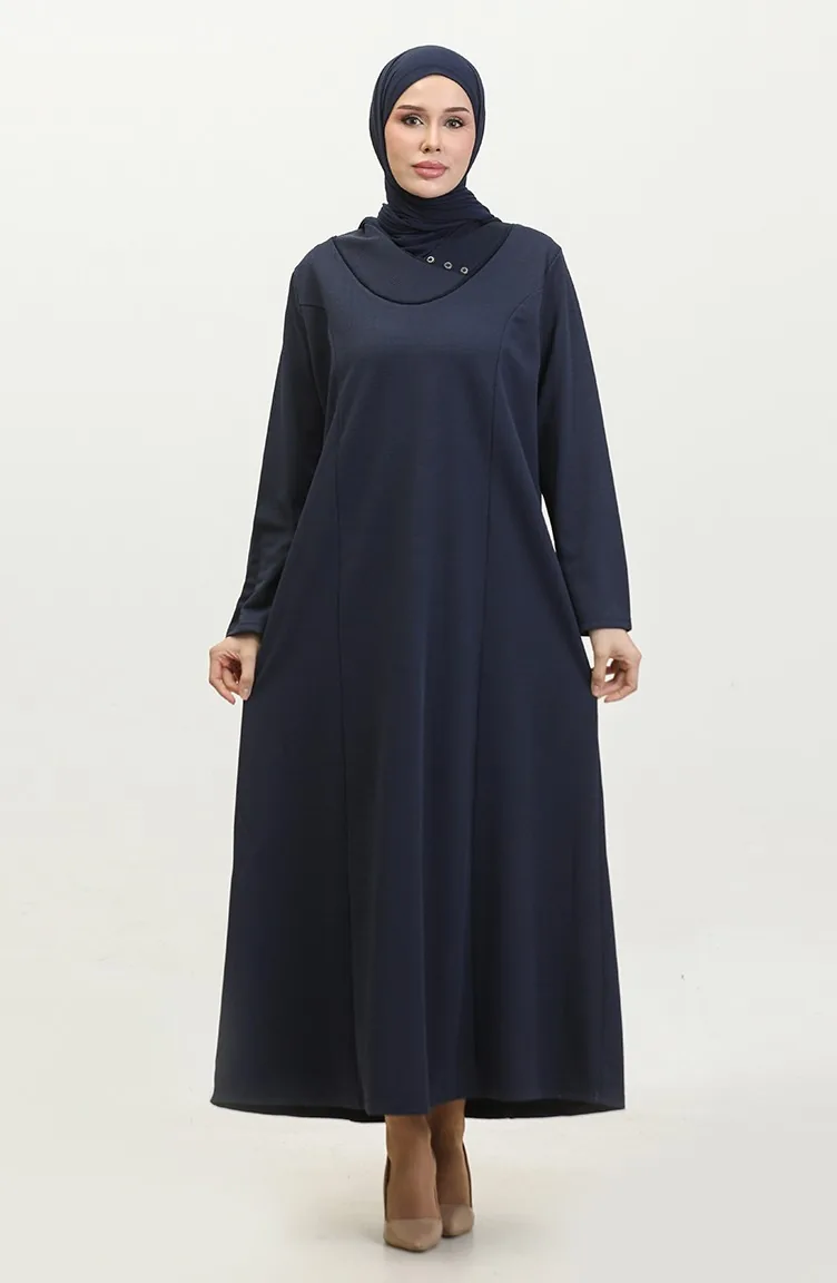 Women`s Large Size Honeycomb Fabric Jacquard Mother`s Dress 4756 Navy Blue 4756.Lacivert
