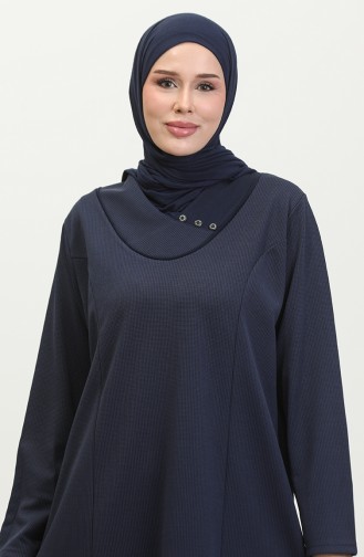 Women`s Large Size Honeycomb Fabric Jacquard Mother`s Dress 4756 Navy Blue 4756.Lacivert