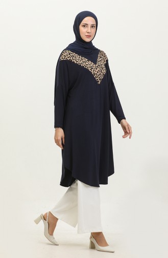 Kadin Buyuk Beden Giyim Tunik Yarasa Kol Ve Oversize Kesim 7124 Lacivert Leopar