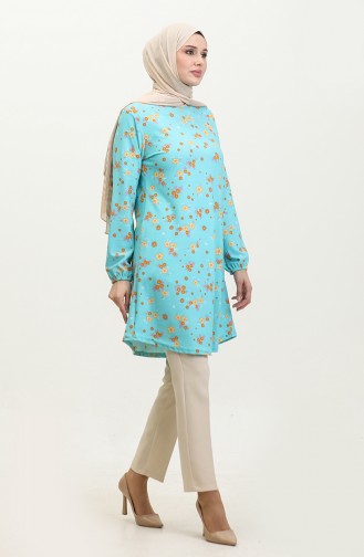 Floral Patterned Flowing Crepe Tunic 8708-01 Mint Green 8708-01